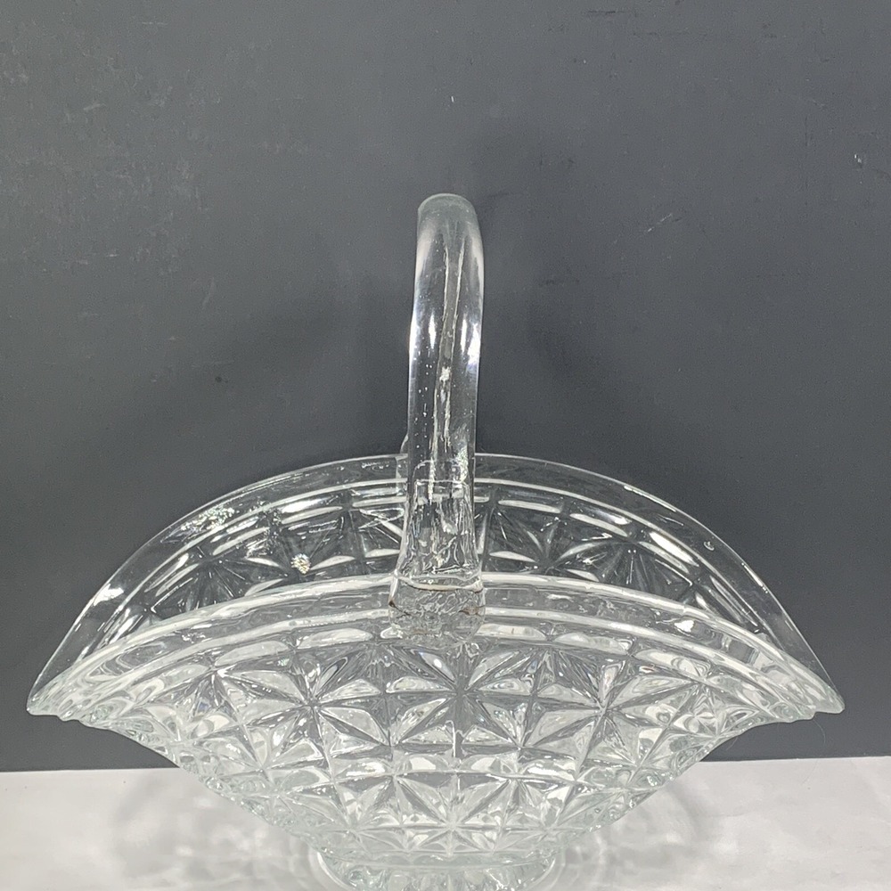 L.E. Smith Clear Pressed Glass Basket Daisy Button Pattern Applied Handle Vtg